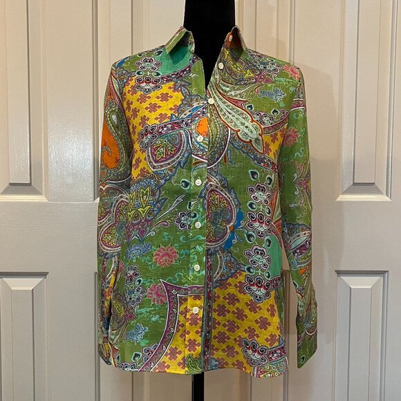 Hinson Wu Reese Long Sleeve Luxe Linen Boho Green Paisley Shirt Size XS NWT - Picture 3 of 12